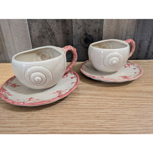 Vintage 70's Fitz and Floyd Oceana Cream Pink Coral Set Of 2 Cup and Saucer Mugs